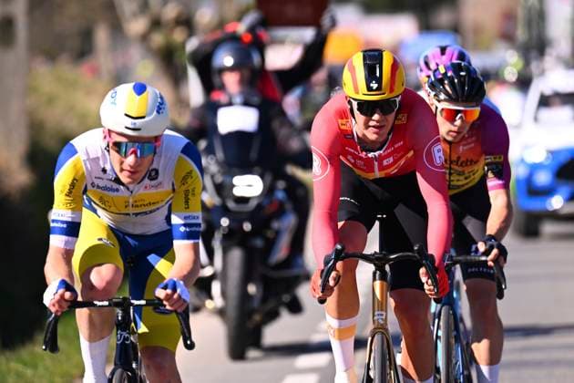 Danilith Nokere Koerse 2025 cycling race NOKERE, BELGIUM - MARCH 19 : Colman Alex (BEL) of Team Flanders - Baloise, Wallin Rasmus Bogh (DEN) of Uno-X Mobility, Teugels Lennert (BEL) of Tarteletto - Isorex, Johannink Jelle (NED) of Unibet Tietema Rockets, during the Men Elite UCI 1.Pro 78th Danilith Nokere Koerse cycling race with start in Deinze and finish in Nokere (188,2 km) on March 19, 2025 in Nokere, Belgium, 19 03 2025 ( Motordriver Rodrique Verfaillie & Nokere Belgium  Copyright: xTomasxSiskx