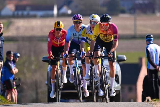 Danilith Nokere Koerse 2025 cycling race NOKERE, BELGIUM - MARCH 19 : Colman Alex (BEL) of Team Flanders - Baloise, Wallin Rasmus Bogh (DEN) of Uno-X Mobility, Teugels Lennert (BEL) of Tarteletto - Isorex, Johannink Jelle (NED) of Unibet Tietema Rockets, during the Men Elite UCI 1.Pro 78th Danilith Nokere Koerse cycling race with start in Deinze and finish in Nokere (188,2 km) on March 19, 2025 in Nokere, Belgium, 19 03 2025 ( Motordriver Rodrique Verfaillie & Nokere Belgium  Copyright: xTomasxSiskx