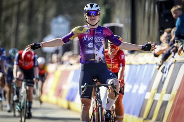 Polish Marta Lach of SD Worx-Protime celebrates as she crosses the finish line to win the Nokere Koerse one day cycling race for women elite, 134km from Deinze to Nokere, on Wednesday 19 March 2025. DAVIDxPINTENS  x115273187x
