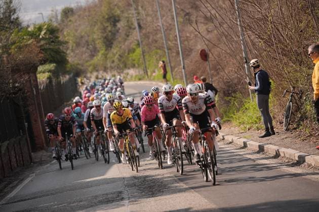 The pack rides during the men s elite race of the Milano-Torino one day cycling race (174km) from Rho to Torino (Superga) - North West Italy- Wednesday, March 19, 2025. - cycling .  Copyright: xMarcoxAlpozzi LaPressex