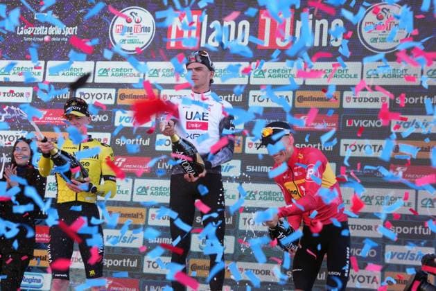 Del Toro Romero Isaac Uae Team Emirates Xrg winner of the race on the podium (center), Tulett Ben Team Visma Lease A Bike second place on the left, Johannessen Tobias Halland Of Uno-X Mobility third place on Ã¬the right during the men s elite race of the Milano-Torino one day cycling race (174km) from Rho to Torino (Superga) - North West Italy- Wednesday, March 19, 2025. - cycling .  Copyright: xGianxMattiaxD Alberto LaPressex