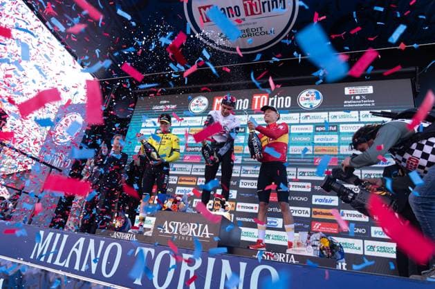 Milano - Torino 2025 The podium for Milano Torino 2025 includes Ben Tulett, Isaac del Toro, and Tobias Halland Johannessen, on March 19, 2025. Rho - Turin Italy  Copyright: xTommasoxBerardix originalFilename:berardi-milanoto250319_npckp.jpg