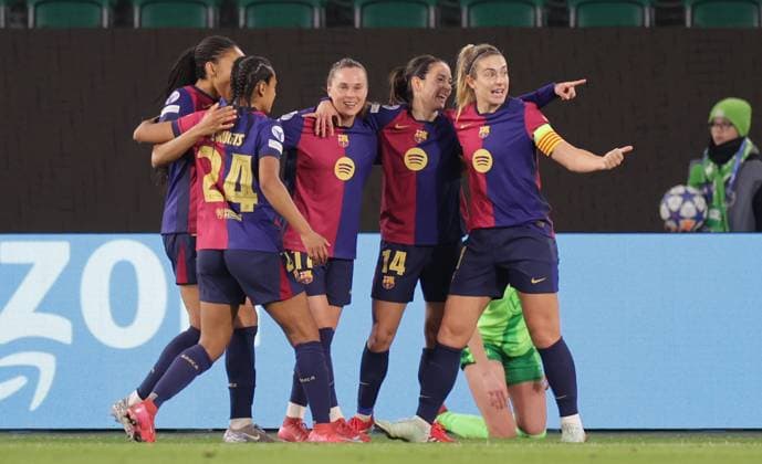 Goal celebration 0 1 by Ewa Pajor FC Barcelona Football, Women, Season 2024 2025, UWCL Quarterfinals, First leg, Volkswagen Arena , VfL Wolfsburg vs FC Barcelona DFL REGULATIONS PROHIBIT ANY USE OF PHOTOGRAPHS AS IMAGE SEQUENCES AND OR QUASI VIDEO