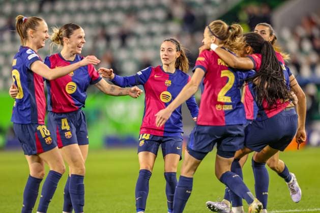 GER, Wolfsburg, VfL Wolfsburg vs FC Barcelona, WomenÂs Champions League, Football, UEFA, Season 2024 2025, Volkswagen Arena, Quarterfinals, in picture Goal celebration FC Barcelona DFB DFL REGULATIONS PROHIBIT ANY USE OF PHOTOGRAPHS AS IMAGE SEQUENCES AND OR QUASI VIDEO, 19 03 2025, Copyright: HMBxMedia HendrikxHamelau