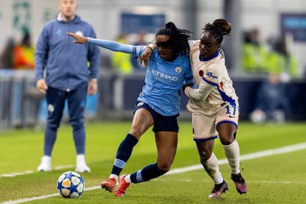 Manchester City Women v Chelsea Women UEFA Womens Champions League 19 03 2025. Quarter Final leg 1 of 2 Chelsea Women forward Sandy Baltimore (17) battles for possession with Manchester City Women forward Kerolin (14) during the UEFA Women s Champions League quarter-final first leg match between Manchester City Women and Chelsea Women at the Joie Stadium, Manchester, United Kingdom on 19 March 2025. Manchester Joie Stadium Gt Manchester United, ManU Kingdom Editorial use only , Copyright: xManjitxNarotrax PSI-21668-0017