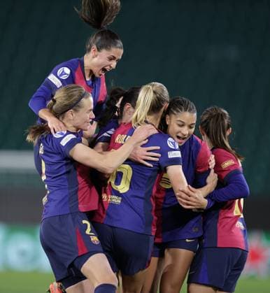 Goal celebration Barcelona Sydney Schertenleib FC Barcelona Football, Women, Season 2024 2025, UWCL Quarterfinals, First leg, Volkswagen Arena , VfL Wolfsburg vs FC Barcelona, 1 4 DFL REGULATIONS PROHIBIT ANY USE OF PHOTOGRAPHS AS IMAGE SEQUENCES AND OR QUASI VIDEO