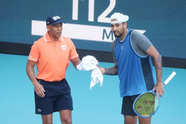 March 19, 2025, Miami Gardens, Florida, United States Of America: MIAMI GARDENS, FLORIDA - MARCH 19: Nick Kyrgios of Australia defeats Mackenzie McDonald of the USA on Day 2 of the Miami Open at Hard Rock Stadium on March 19, 2025 in Miami Gardens, Florida...People: Nick Kyrgios Miami Open 2025 - Day 2  - ZUMAs214 20250319_ada_s214_135 Copyright: xSMGx