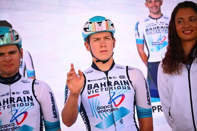 Grand Prix de Denain - Porte du Hainaut 2025 cycling race DENAIN, FRANCE - MARCH 20 : Van Mechelen Vlad (BEL) of Bahrain - Victorious on stage before the start of the race during the Men Elite UCI 1.Pro 66th Grand Prix de Denain - Porte du Hainaut cycling race with start in Denain and finish in Denain (204,4 km) on March 20, 2025 in Denain, France, 20 03 2025 ( Motordriver Stephan Boone & Denain France  Copyright: xTomasxSiskx