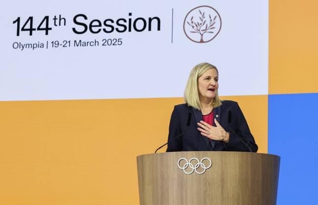 Bilder des Jahres 2025, Sport 03 März Sport Themen der Woche KW12 Sport Bilder des Tages (250320) -- COSTA NAVARINO, March 20, 2025 -- Kirsty Coventry delivers a speech after being elected as the 10th president of the International Olympic Committee (IOC) during the 144th IOC session in Costa Navarino, Greece on March 20, 2025. ) (SP)GREECE-COSTA NAVARINO-144TH IOC SESSION CaoxCan 