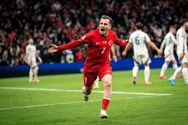 Turkiye v Hungary UEFA Nations League Kerem AktürkoÄülu of Turkiye celebrates his teams second goal during the match. between Turkiye and Hungary in the UEFA Nations League 2024 25 League A B Play-offs First Leg the match took place at Rams Park Stadium on March 20, 2025 Istanbul Istanbul Turkey Copyright: xYagizxGurtugx