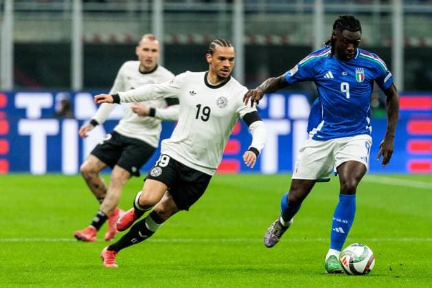 UEFA Nations League Italy Germany 20 03 2025 Duel Leroy Sane Germany, 19 , Moise Kean Italy, 9 UEFA Nations League Italy Germany Milan, Stadio San Siro, 20 03 2025 Copyright: xBEAUTIFULxSPORTS Wunderlx
