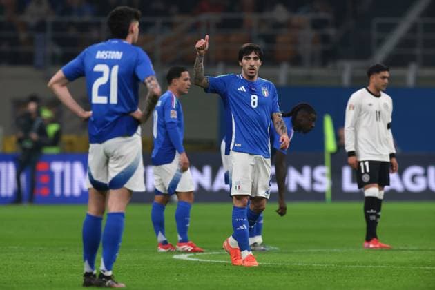 Milan, Italy, 20th March 2025. Sandro Tonali of Italy reacts after scoring to give the side a 1-0 lead during the UEFA Nations League match at Giuseppe Meazza, Milan. Picture credit should read: Jonathan Moscrop Sportimage EDITORIAL USE ONLY. No use with unauthorised audio, video, data, fixture lists, club league logos or live services. Online in-match use limited to 120 images, no video emulation. No use in betting, games or single club league player publications. SPI_006_JM_ITALY_GERMANY_UNL_ SPI-3749-0006
