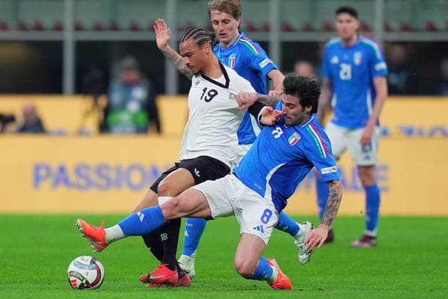 Italy s Sandro Tonali fights for the ball with Germany s Leroy SanÃ during the Uefa Nations League soccer match between Italy and Germany at the San Siro Stadium in Milan, north Italy - Thursday , Mach 20 , 2025 . - Soccer .  Copyright: xSpada LaPressex