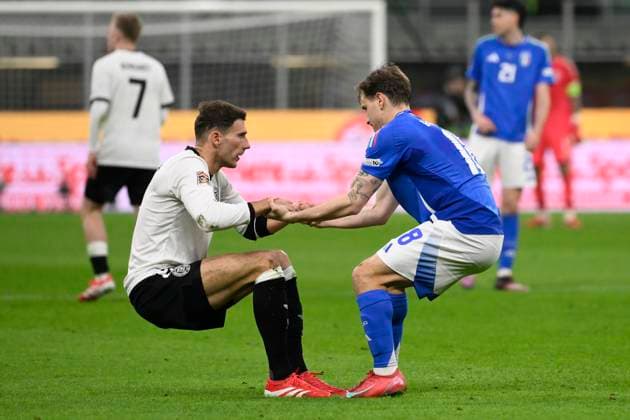 Leon Goretzka of Germany and Nicolo Barella of Italy during the UEFA Nations League football match between Italy and Germany at San Siro stadium in Milano (Italy), March 20, 2025. AndreaxStaccioli