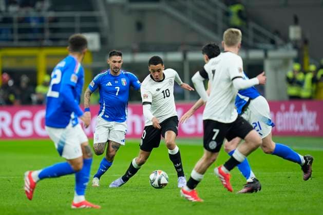 Jamal Musiala (Germany) in action, UEFA Nations League Quarterfinal First leg, Italy and Germany, San Siro Stadium, March 20, 2025, Milan, Italy.