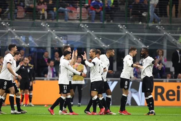 March 20, 2025, Milan, Lombardy, Italy: TIM KLEINDIENST 9 of Germany celebrates with his teammates for scoring his side s first goal and the equalizer in the UEFA Nations League 2024 quarterfinal first leg between ITALY and GERMANY at San Siro Stadium in Milan, Italy Milan Italy - ZUMAc179 20250320_zep_c179_046 Copyright: xMickaelxChavetx
