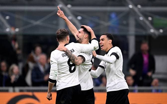 FOOTBALL UEFA Nations League 2024 2025 quarter-final first leg in Milan Italy Germany 20 03 2025 Germany celebrating after the goal for 1 1, from left , Leon Goretzka, Tim Kleindienst, Jamal Musiala