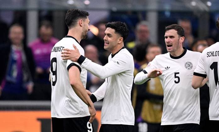 FOOTBALL UEFA Nations League 2024 2025 quarter-final first leg in Milan Italy Germany 20 03 2025 Germany celebrating after the goal to make it 1 1, from left , Tim Kleindienst, Nadiem Amiri, Pascal Gross