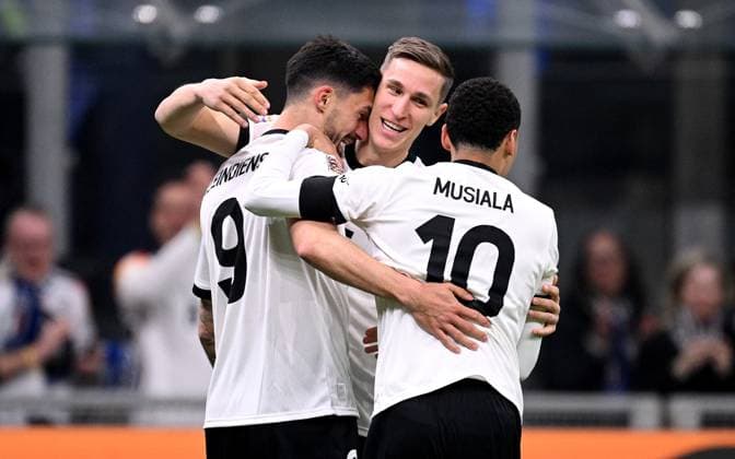FOOTBALL UEFA Nations League 2024 2025 quarter-final first leg in Milan Italy Germany 20 03 2025 Germany celebrating after the goal to make it 1 1, from left , Tim Kleindienst, Nico Schlotterbeck, Jamal Musiala
