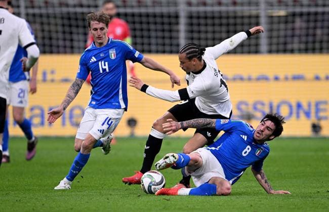 FOOTBALL UEFA Nations League 2024 2025 Quarter-final first leg in Milan Italy Germany 20 03 2025 Nicolò Rovella left, Italy v Leroy Sane center, Germany v Sandro Tonali right, Italy