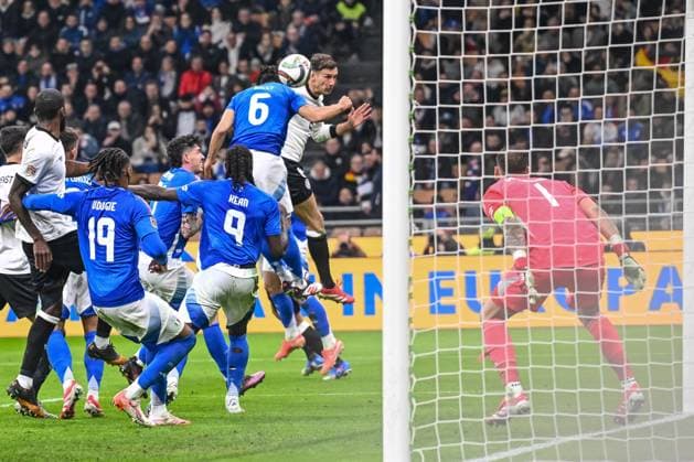 Leon Goretzka Germany scores his team s second goal during the UEFA Nations League quarterfinal leg one match between Italy and Germany at Stadio San Siro on March 20, 2025 in Milan, Italy Photo by Harry Langer DeFodi Images