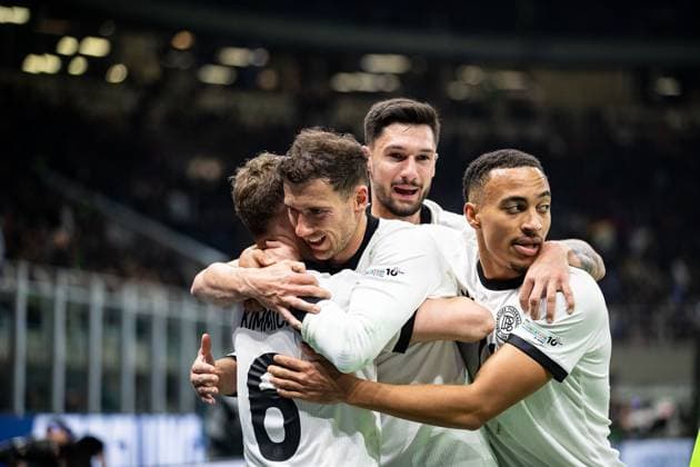 Goal for Germany 1 2 by Leon Goretzka Germany, 08 Celebration with Joshua Kimmich Germany, 06 , Tim Kleindienst Germany, 09 , Jamie Leweling Germany, 14 ITA, Italy ITA vs Germany GER , Football international, UEFA Nations League quarter-final round1, 2024 2025, 20 03 2025 ITA, Italy ITA vs Germany GER , Football international, UEFA Nations League quarter-final round1, 2024 2025, 20 03 2025 Milan Copyright: xEibner-Pressefoto RogerxBuerkex EP_RBE