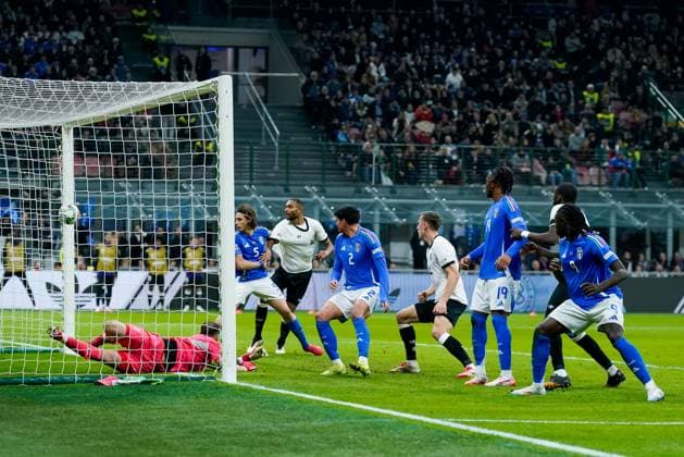 Italy v Germany - UEFA Nations League Quarterfinal Leg One Leon Goretzka of Germany scores second goal during the UEFA Nations League Quarter Final Leg One match between Italy and Germany at Stadio Giuseppe Meazza on March 20, 2025 in Milan, Italy. Milan Stadio Giuseppe Meazza Milan Italy Copyright: xGiuseppexMaffiax NationsLeague_Italy-Germany_200325_BRU3941