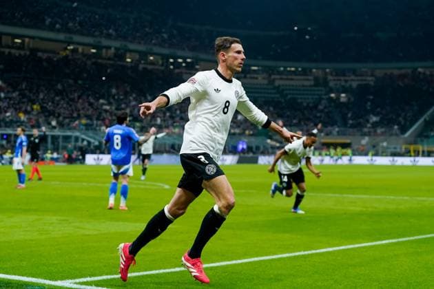 Italy v Germany - UEFA Nations League Quarterfinal Leg One Leon Goretzka of Germany celebrates after scoring second goal during the UEFA Nations League Quarter Final Leg One match between Italy and Germany at Stadio Giuseppe Meazza on March 20, 2025 in Milan, Italy. Milan Stadio Giuseppe Meazza Milan Italy Copyright: xGiuseppexMaffiax NationsLeague_Italy-Germany_200325_BRU3948