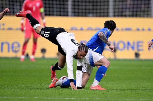 FOOTBALL UEFA Nations League 2024 2025 Quarter-final first leg in Milan Italy Germany 20 03 2025 Leroy Sane left, Germany v Sandro Tonali right, Italy