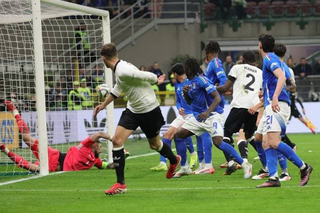 20th March 2025; Stadio San Siro, Milan, Italy, UEFA Nations League Football, Quarter Finals, First Leg, Italy versus Germany; Leon Goretzka of Germany wins the header and scores the goal of 1-2 in the 76th minute  ActionPlus12763529 EmanuelexPennacchio