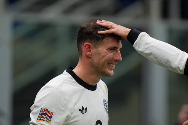 Germany s Leon Goretzka celebrates after scoring 1-2 during the Uefa Nations League soccer match between Italy and Germany at the San Siro Stadium in Milan, north Italy - Thursday , Mach 20 , 2025 . - Soccer .  Copyright: xSpada LaPressex