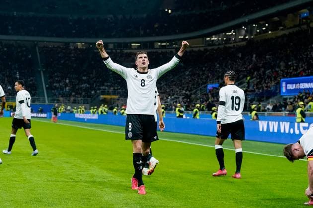Italy v Germany - UEFA Nations League Quarterfinal Leg One Leon Goretzka of Germany celebrates after scoring second goal during the UEFA Nations League Quarter Final Leg One match between Italy and Germany at Stadio Giuseppe Meazza on March 20, 2025 in Milan, Italy. Milan Stadio Giuseppe Meazza Milan Italy Copyright: xGiuseppexMaffiax NationsLeague_Italy-Germany_200325_BRU4240