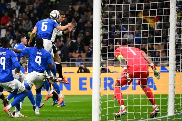 Leon Goretzka of Germany scores the goal of 1-2 during the UEFA Nations League football match between Italy and Germany at San Siro stadium in Milano (Italy), March 20, 2025. AndreaxStaccioli