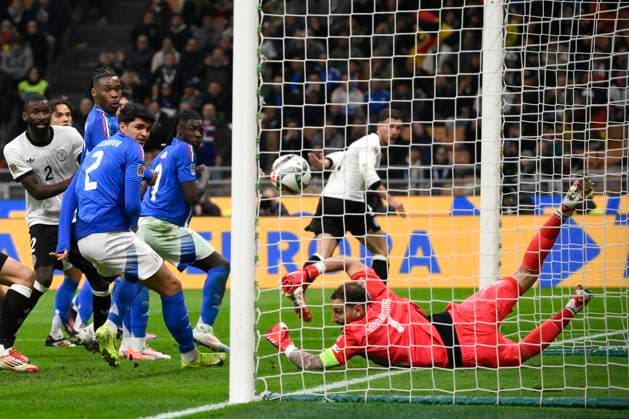 Leon Goretzka of Germany scores the goal of 1-2 during the UEFA Nations League football match between Italy and Germany at San Siro stadium in Milano (Italy), March 20, 2025. AndreaxStaccioli