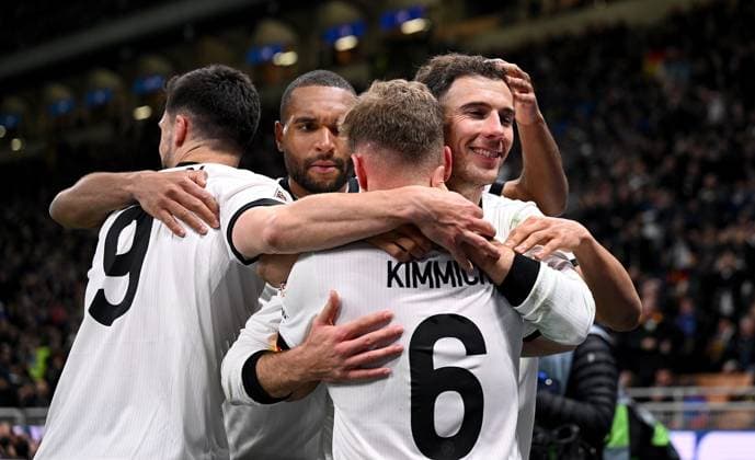 FOOTBALL UEFA Nations League 2024 2025 quarter-final first leg in Milan Italy Germany 20 03 2025 Germany celebrating after scoring the 1-2, from left, Tim Kleindienst, Jonathan Tah, Joshua Kimmich, goal scorer Leon Goretzka