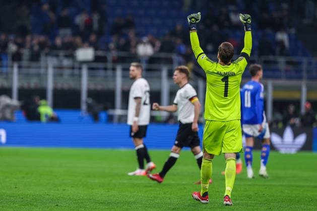 Italy vs Germany UEFA Nations League 2024 25 Quarter Finals 20 03 2025 Oliver Baumann of Germany celebrates the victory at the end of the match during UEFA Nations League 2024 25 Quarter Finals football match between Italy and Germany at San Siro Stadium Copyright: xBEAUTIFULxSPORTS Carabellix