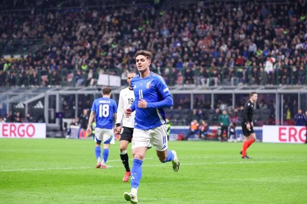 March 21, 2025, Milan, Milan, Italy: During the first match of UEFA National League 20 03 2025 Football match between Italy vs Germany at San Siro stadium in Milan .In picture: Daniel Maldini Milan Italy - ZUMAs236 20250321_aap_s236_012 Copyright: xFabioxSassox