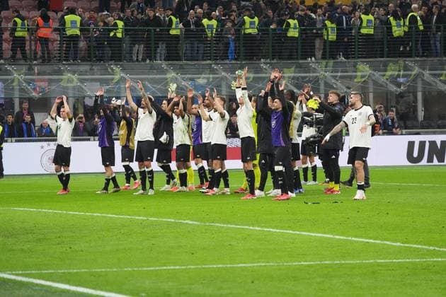 Team celebrates away win with the fans Milan 20 03 2025 Italy vs Germany, Nations League quarter-final first leg, San Siro