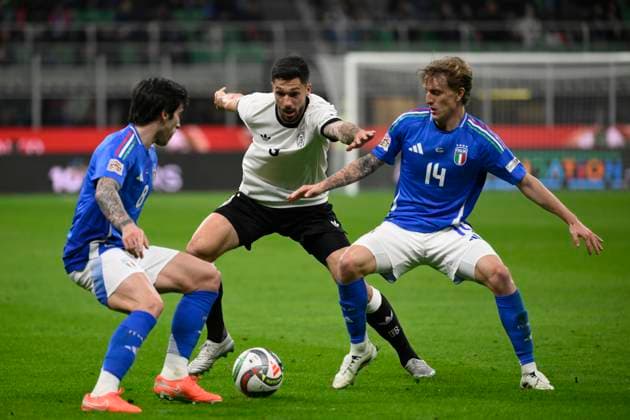Tim Kleindienst of Germany, Sandro Tonali and Nicolo Rovella of Italy during the UEFA Nations League football match between Italy and Germany at San Siro stadium in Milano (Italy), March 20, 2025. AndreaxStaccioli