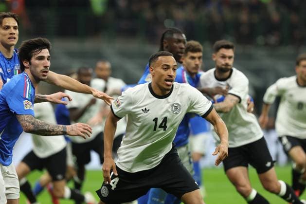 Uefa Nations League 2025: Quarter finals Italy vs Germany at Giuseppe Meazza Stadium in Milan Milan, Italy 20.03.2025: Jamie Leweling of Germany seen in action during the Uefa Nations League 2025, quarter finals, football match between Italy vs Germany at Giuseppe Meazza stadium in Milan. milan Giuseppe Meazza italy Italy Copyright: xmarcoxiacobucci