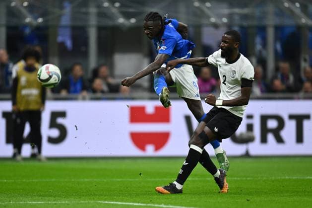CALCIO - UEFA Nations League - Quarter Finals - Italy vs Germany Moise Kean (ITA) and Antonio Rudiger (GER) are in action during the UEFA Nations League quarter-final match between Italy and Germany at the San Siro Stadium on March 20, 2025 in Milan, Italy. Milan Italy  Copyright: xIPAxSport ABACAx
