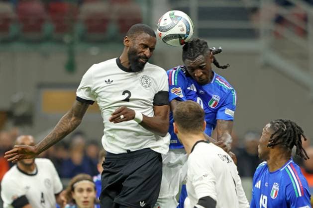 ANTONIO RUDIGER, Germania, MOISE KEAN, Italia, Nations League, 2024-25, Quarter Finals 1st Leg, Italy vs Germany 1-2, 20-03-2025, Contrasto, Action NATIONS LEAGUE 2024-25 Quarto di Finale andata ITALIA-GERMANIA 1