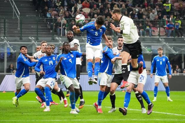 Header Leon Goretzka Germany Germany, 8 to score 1 2 against Samuele Ricci Italy, Italy, Italia, 06 , Antonio Rüdiger Germany Germany, 2 ,Moise Kean Italy, Italy, Italia, 09 , Iyenoma Udogie Italy, Italy, Italia, 19 watch Milan 20 03 2025 Italy vs Germany, Nations League quarter-final first leg, San Siro