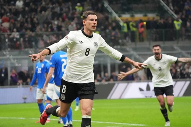 celebrate the goal, goal celebration for 1 2 Leon Goretzka Germany Germany, 8 Milan 20 03 2025 Italy vs Germany, Nations League quarter-final first leg, San Siro