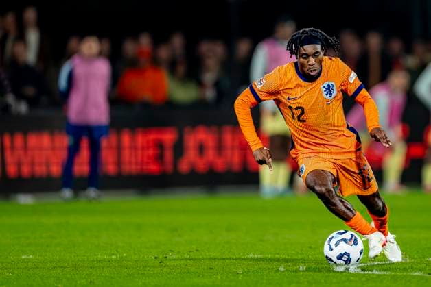 Netherlands defender Jeremie Frimpong during the match Netherlands Spain at the Stadium Feijenoord De Kuip for the UEFA Nations League Quarter finals 1st leg season 2024 2025 in ROTTERDAM, Netherlands on 20 march 2025, photo by Marcel van Dorst EYE4images DeFodi Images