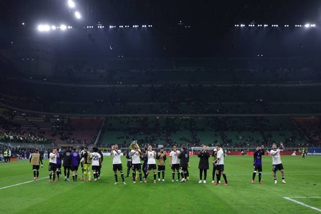 Milan, Italy, 20th March 2025. Germany players salute the fans following the final whistle of the UEFA Nations League match at Giuseppe Meazza, Milan. Picture credit should read: Jonathan Moscrop Sportimage EDITORIAL USE ONLY. No use with unauthorised audio, video, data, fixture lists, club league logos or live services. Online in-match use limited to 120 images, no video emulation. No use in betting, games or single club league player publications. SPI_064_JM_ITALY_GERMANY_UNL_ SPI-3749-0064