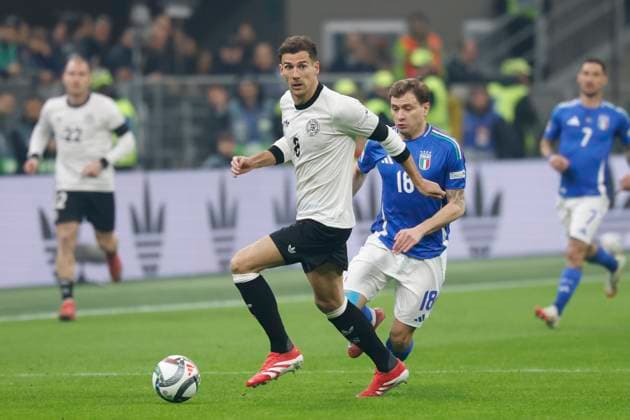 in the picture from l Leon Goretzka Germany, 8 , Nicolo Barella Italy, 18 , duel, action, fight, fights for the ball, 20 03 2025, football, UEFA Nations League, quarter-final, Italy Germany, ITA, Milan, Stadio San Siro, Copyright: HMBxMedia xHeikoxBecker