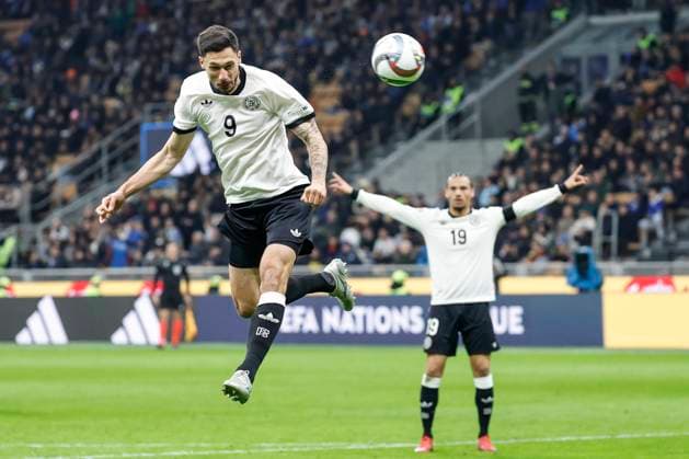 in picture Tim Kleindienst Germany, 9 , scores to equalize 1 1, goal, 20 03 2025, Football, UEFA Nations League, quarter-final, Italy Germany, ITA, Milan, Stadio San Siro, Copyright: HMBxMedia xHeikoxBecker
