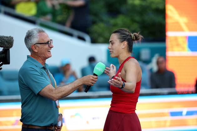 March 20, 2025, Miami Gardens, Florida, United States Of America: MIAMI GARDENS, FLORIDA - MARCH 20: Aryna Sabalenka of Russia defeats Viktoriya Tomova of Bulgaria in the second round on Day 3 of the Miami Open at Hard Rock Stadium on March 20, 2025 in Miami Gardens, ...People: Aryna Sabalenka Miami Open 2025 - Day 3  - ZUMAs214 20250320_ada_s214_009 Copyright: xSMGx