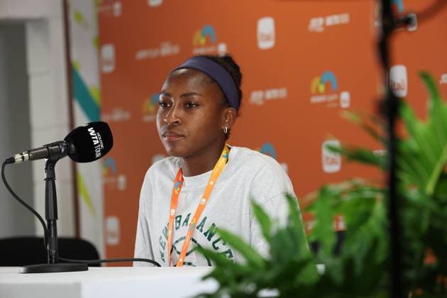 March 20, 2025, Miami Gardens, Florida, United States Of America: MIAMI GARDENS, FLORIDA - MARCH 20: Coco Gauff of the United States talks to the media after defeating Sofia Kenin of the United States in the second round on Day 3 of the Miami Open at Hard Rock Stadium on March 20, 2025 in Miami Gardens, Florida ...People: Coco Gauff Miami Open 2025 - Day 3  - ZUMAs214 20250320_ada_s214_086 Copyright: xSMGx